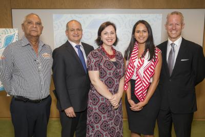 (From left to right) Gadigal Elder Uncle Ray Davison, GPT CEO Bob Johnston, NSW Reconciliation Council Chair Cecilia Anthony, GPT Business Development Executive Rhiannon Warrie and GPT Head of People & Performance Phil Taylor 