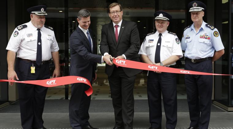 Minister for Emergency Services, Troy Grant, cuts the ribbon alongside Jamie Nelson (GPT) Commissioner Shane Fitzsimmons and Commissioner Mark Smethurst.