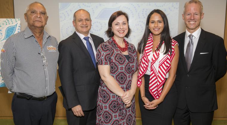 (From left to right) Gadigal Elder Uncle Ray Davison, GPT CEO Bob Johnston, NSW Reconciliation Council Chair Cecilia Anthony, GPT Business Development Executive Rhiannon Warrie and GPT Head of People & Performance Phil Taylor 